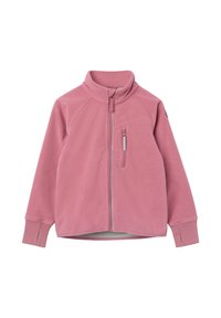 Fleece jacket in zachtroze, met een hoge kraag, volledige ritssluiting en zijvak met rits. Geribbelde manchetten en een gladde textuur.