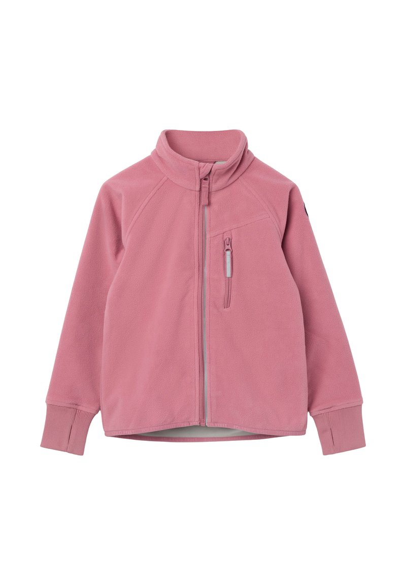 Fleece jacket in zachtroze, met een hoge kraag, volledige ritssluiting en zijvak met rits. Geribbelde manchetten en een gladde textuur.