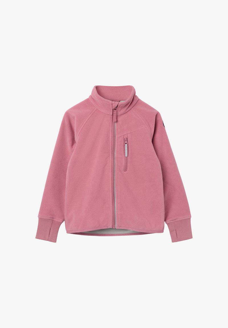 Fleecejakke i blød lyserød med høj krave, fuld lynlås og sidelomme med lynlås. Ribbet manchetter og glat tekstur.