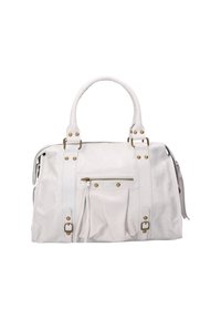 Borsa in pelle bianca con hardware dorato, doppi manici, chiusura con zip e tasca frontale. Presenta un design plissettato e frange laterali.