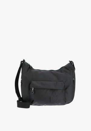 Borsa a tracolla nera con tracolla regolabile, tasca frontale con zip e dettagli con zip laterale, realizzata in tessuto durevole e texturizzato.