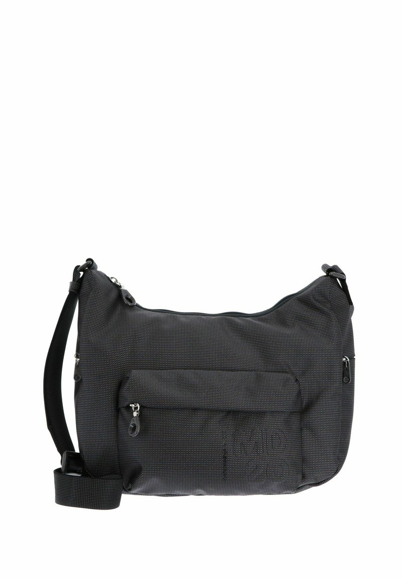 Borsa a tracolla nera con tracolla regolabile, tasca frontale con zip e dettagli con zip laterale, realizzata in tessuto durevole e texturizzato.