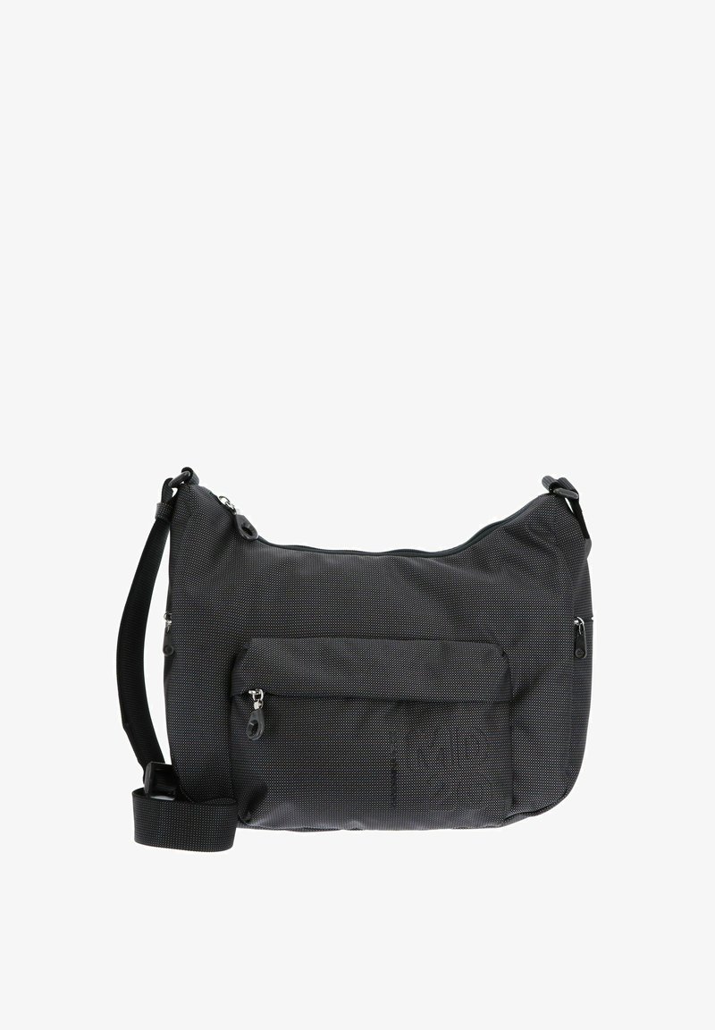 Borsa a tracolla nera con tracolla regolabile, tasca frontale con zip e dettagli con zip laterale, realizzata in tessuto durevole e texturizzato.