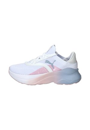 White and pink Puma running shoe with mesh upper, cushioned sole, and lace-up closure, shown from the side on a white background.