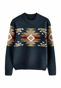 Navy gebreide trui met een ronde hals, met een geometrisch patroon in aardetinten van bruin, groen en rood over de borst.