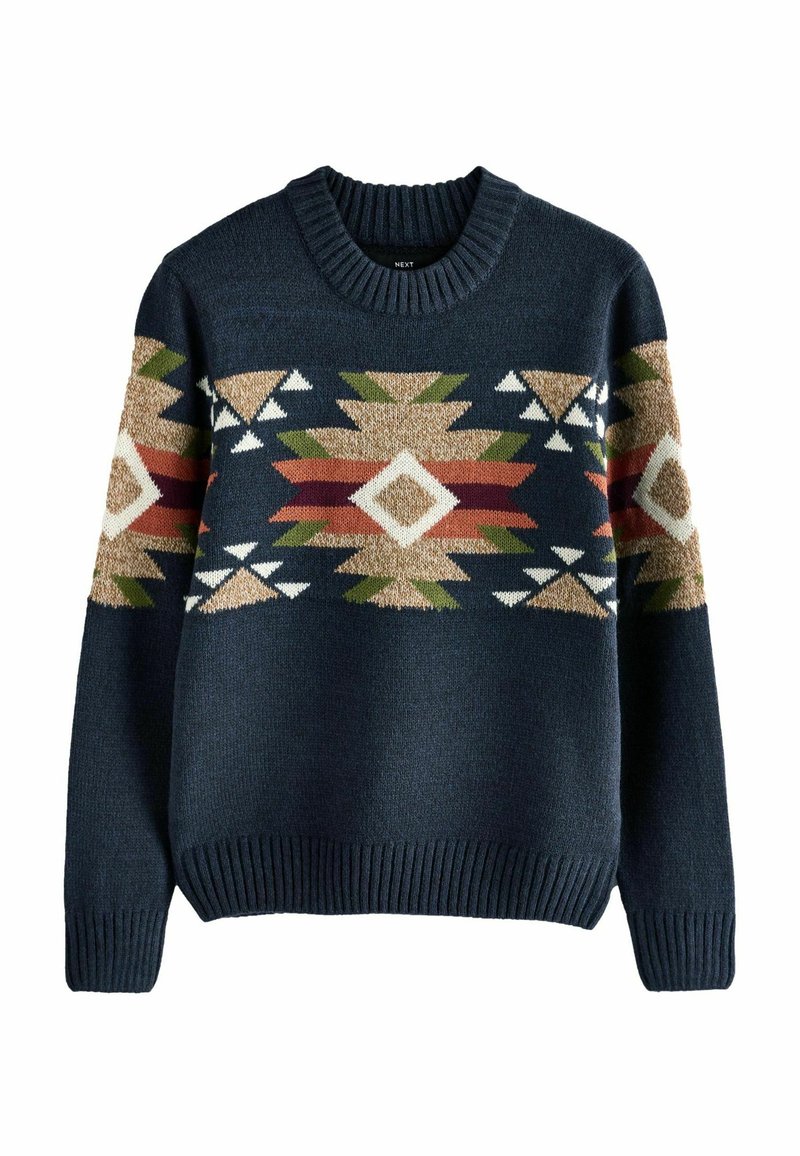 Granatowy sweter dzianinowy z okrągłym dekoltem, ozdobiony wielokolorowymi wzorami geometrycznymi w kolorach zielonym, brązowym i białym na piersi i rękawach.