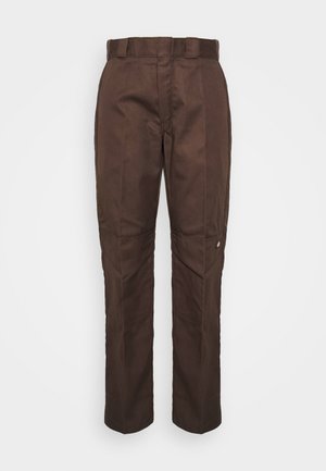 Brown, straight-leg pants with a smooth texture. Features a belt loop, side seams, and a small brand logo on the left leg.