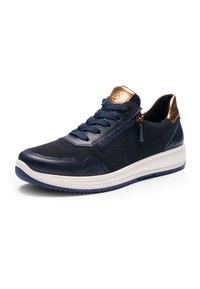 Marineblaue Sneaker mit goldenen Akzenten, Reißverschluss an der Seite, Schnürung vorne, weißer Sohle und profilierter Sohle für besseren Grip.