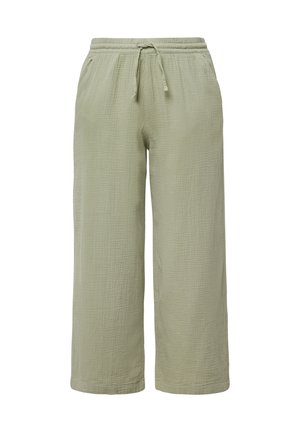 Light green, wide-leg pants made from textured fabric, featuring an elastic waistband with a drawstring for adjustable fit.