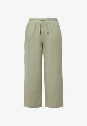 Lichtgroene, wijde broekspijpen gemaakt van gestructureerde stof, met een elastische tailleband en een trekkoord voor een verstelbare pasvorm.