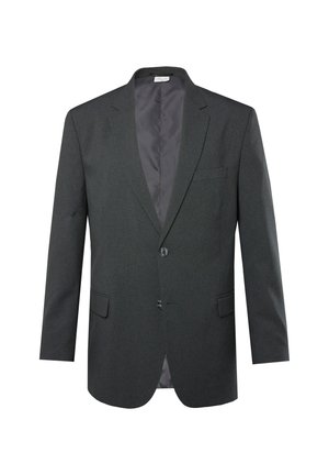 Dark gray blazer with notch lapels, two front pockets, single-button closure, and smooth inner lining. Classic tailored design.