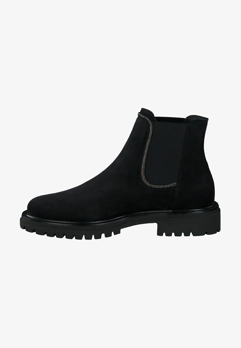 Zwarte suede enkellaars met elastische zijpanelen, rubberen zool en gestikte details langs de bovenrand. Beschikt over een ronde neus en een profielzool.