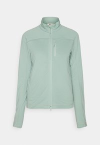 Hellgrüne Zip-Jacke aus strukturiertem Stoff, mit hohem Kragen, einer mit Reißverschluss versehenen Brusttasche und flachen Nähten für einen schlanken Look.