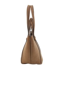 Tan suede bag with a tapered shape, two long handles, and black accent stitching. Simple design with a smooth texture.