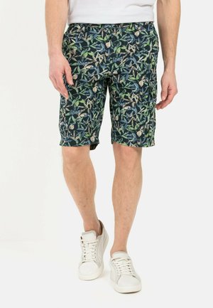 Blomster-mønstrede shorts i mørkeblå med grønne og beige accenter; lavet af letvægtsmateriale, med elastisk talje og sidelommer.