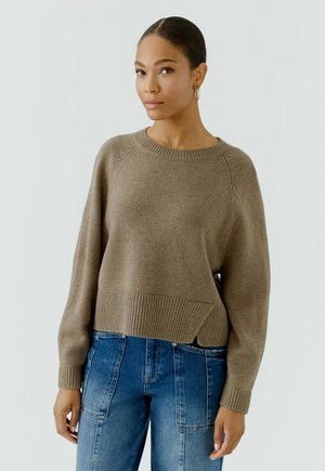 Jonge vrouw met haar naar achteren gebonden draagt een bruine trui en blauwe jeans, staand tegen een effen lichte achtergrond.