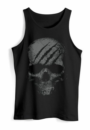 Black tank top featuring a large gray skull graphic with claw marks. Made of smooth fabric with a round neckline and sleeveless design.