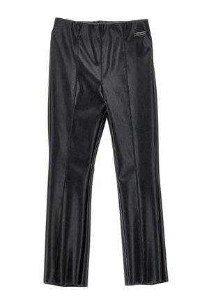 Pantaloni neri in ecopelle con una texture liscia, caratterizzati da un design aderente, gambe dritte e dettagli di cucitura discreti.