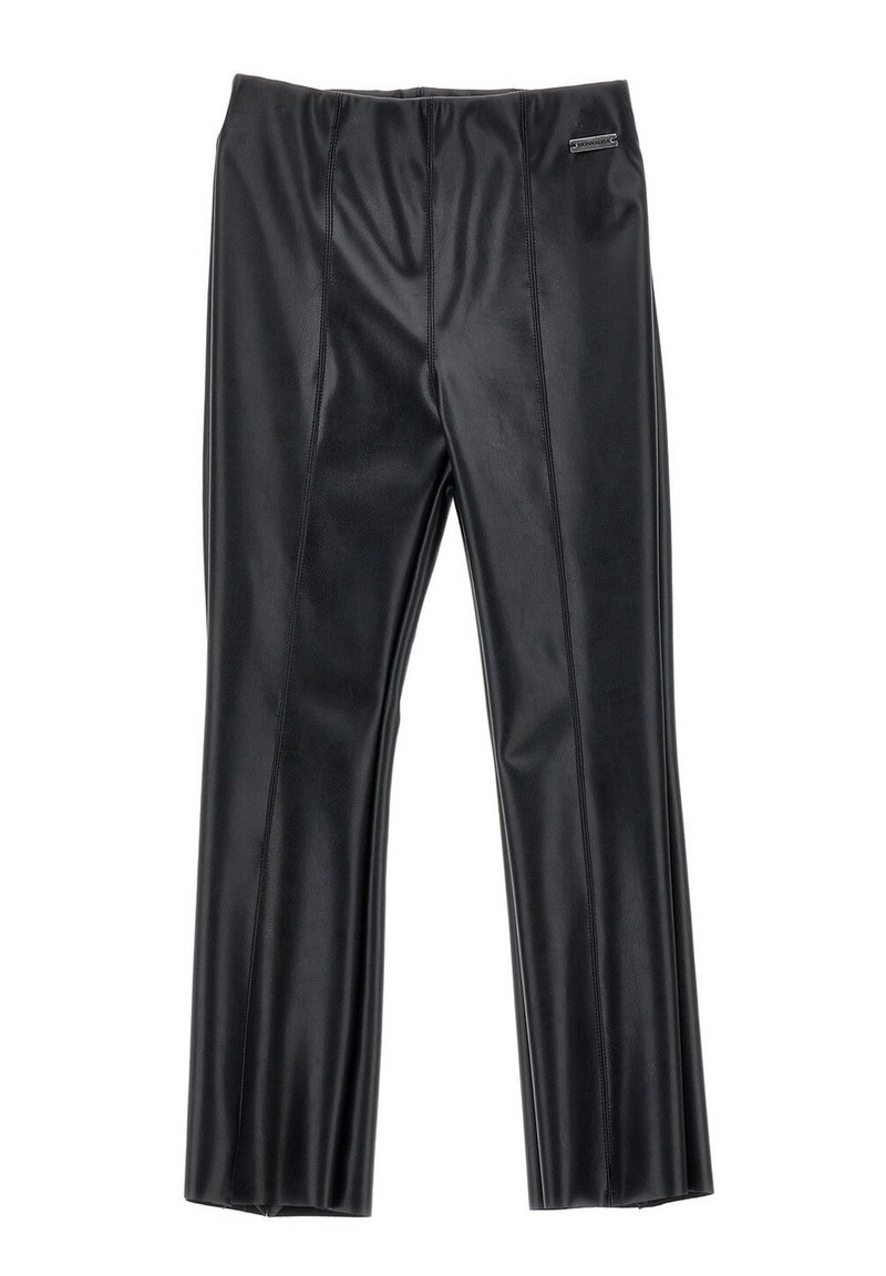 Pantaloni neri in ecopelle con una texture liscia, caratterizzati da un design aderente, gambe dritte e dettagli di cucitura discreti.