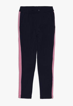 Marineblaue Hose mit elastischem Bund und rosa gestreiften Seitenteilen, flach auf weißem Hintergrund ausgelegt.