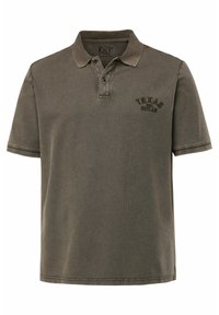 Polo shirt in donkergroen katoen, met een kraag, twee knopen en geborduurde "TEXAS OUTLAW" details op de borst.