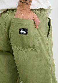 Oliven grønne cargo shorts med en lomme og et sort Quiksilver-logo. Materialet er glat bomull med en matt finish.