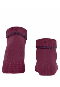 Bordowe skarpetki z puszystym wykończeniem, prążkowaną teksturą i kropkowanym wzorem na podeszwie dla lepszej przyczepności.