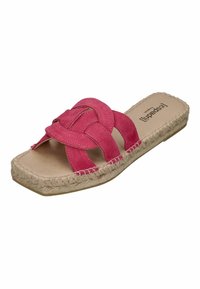 Pink suede slide sandal with woven upper design, natural jute sole, and padded insole for comfort. Stitched detailing along the edges.