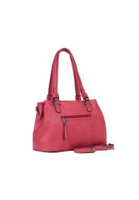 Borsa a tracolla in finta pelle rossa con doppio manico, tracolla removibile, tasca frontale con cerniera e dettagli in metallo argentato.