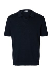 Navy blue short-sleeve polo shirt with a V-neck, made from smooth knit fabric, features a classic design and ribbed cuffs and hem.