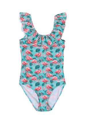 Turquoise one-piece swimsuit with ruffled shoulder straps and pink flamingo and green leaf pattern.