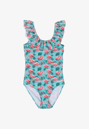 Turkis heldragt med flæset skulderstropper og mønster af pink flamingo og grønne blade.