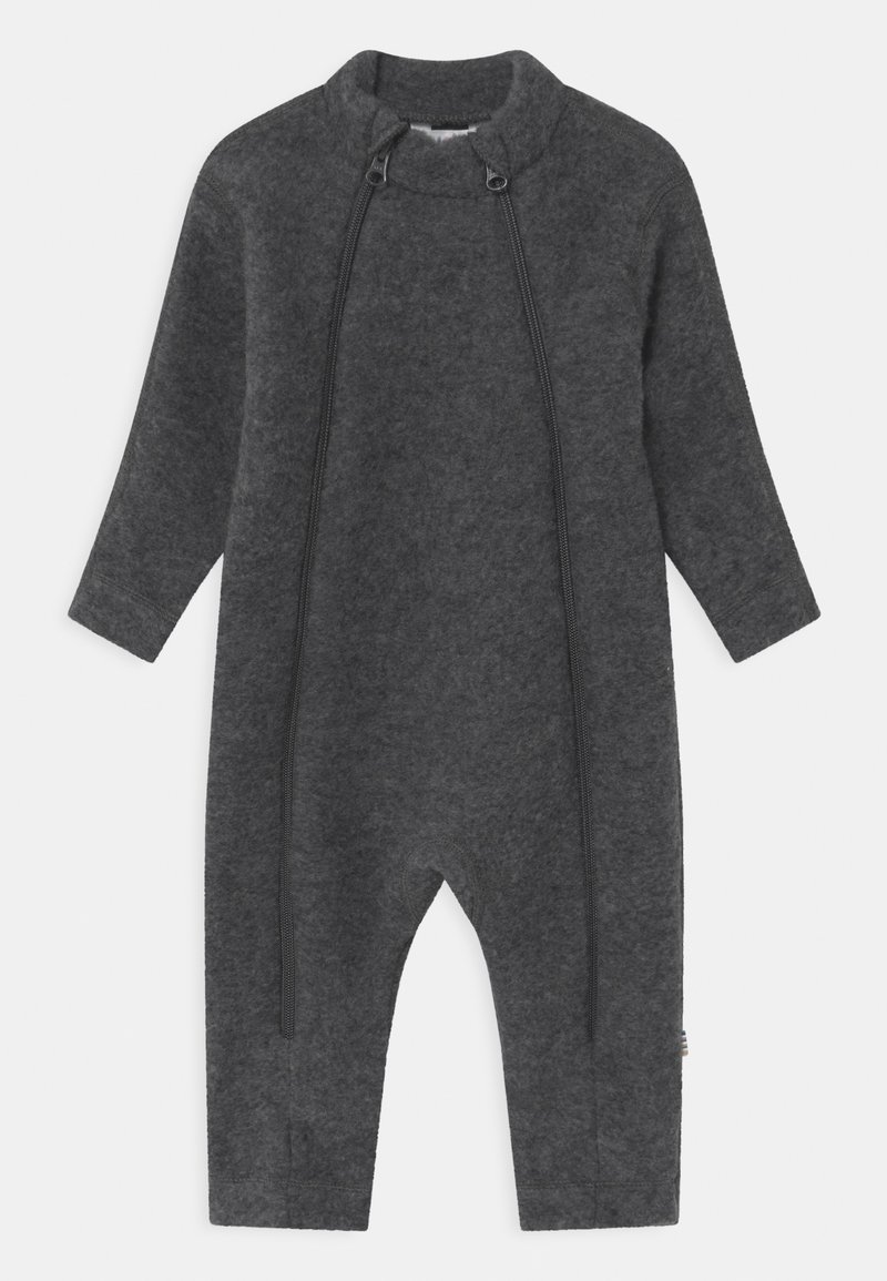 Grauer Fleece-Jumpsuit mit langen Ärmeln, hohem Kragen und zwei Frontreißverschlüssen; hat eine lockere Passform und tapered Beine.