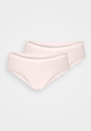Två par ljusrosa trosor med en slät textur, en bred midjeband och en liten vit logotyp framtill.