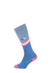 Calza blu fino al ginocchio realizzata in tessuto a coste, con strisce rosa e bianche e un logo colorato vicino alla parte superiore. Texture morbida.