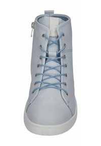 Blue leather high-top sneaker with round toe, white rubber sole, lace-up closure, and side zipper detail for easy wear.