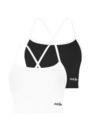 Zwei Sport-BHs, einer weiß und einer schwarz, mit dünnen gekreuzten Trägern und "circle five" Logo nahe dem unteren Saum.