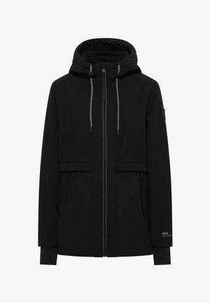 Černá venkovní bunda se zipem vpředu, nastavitelnou kapucí a šňůrkami. Obsahuje dvě boční kapsy a logo na dolním rukávu.