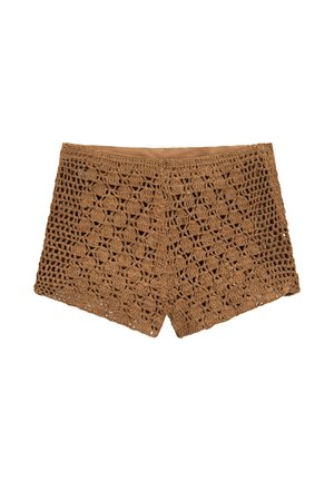 Hnědé háčkované šortky s květinovým vzorem, s texturovaným povrchem a elastickým pasem pro padnoucí vzhled.
