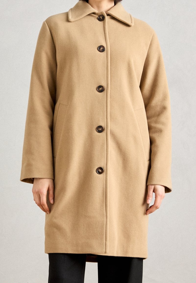 Personne portant un manteau beige mi-long avec un col, cinq boutons foncés sur le devant, et des poches latérales, assorti à un pantalon noir.