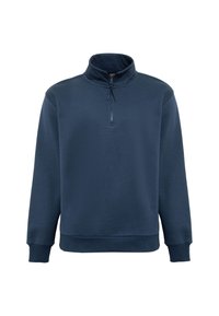 Navyblauer Pullover mit weichem Stoff, hoher Kragen, Viertelreißverschluss auf der Vorderseite sowie gerippten Bündchen und Saum.