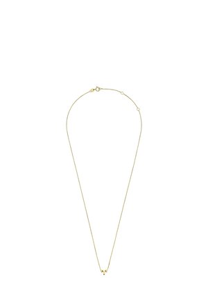 Fijne gouden ketting met een klein hangertje van het sterrenbeeld Ram, verstelbare sluiting op een witte achtergrond.