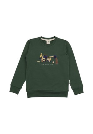 Grüner Pullover aus weichem Material mit einem Grafikdesign eines gelben Baumaschinenfahrzeugs und dem Text "Graben, Bauen, Spielen!" darunter.
