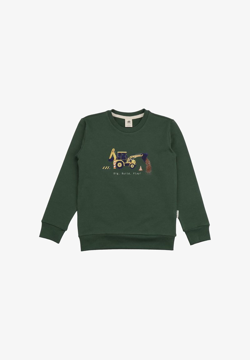 Green sweatshirt made of soft material featuring a graphic of a yellow construction vehicle with the text "Dig, Build, Play!" below.