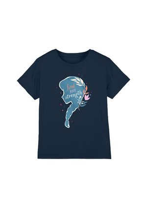 Navy blue t-shirt featuring a graphic of a silhouette with the text "find your strength," surrounded by floral accents in pastel colors.