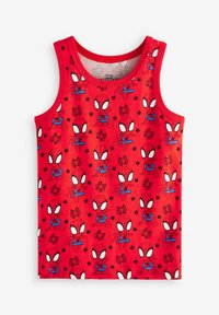 Rød tanktop lavet af blødt bomuld med et gennemgående print af Spider-Man og edderkop-motiver i blå og sorte accenter.