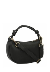 Borsa a mano in pelle nera con forma arrotondata, superficie texturizzata, manico annodato e tracolla regolabile. Presenta dettagli in metallo color oro.