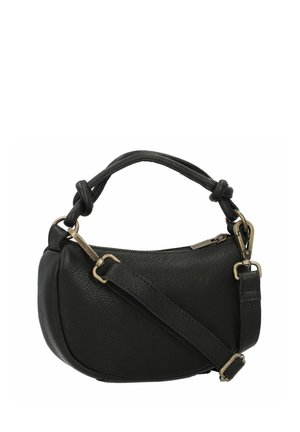 Sac à main en cuir noir avec une forme arrondie, une surface texturée, une poignée nouée et une bandoulière réglable. Présente des accents en métal doré.