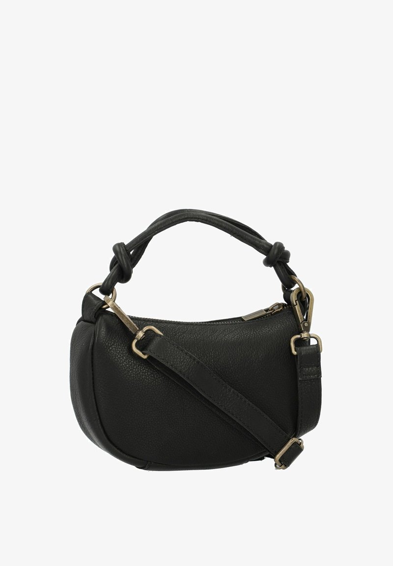 Borsa a mano in pelle nera con forma arrotondata, superficie texturizzata, manico annodato e tracolla regolabile. Presenta dettagli in metallo color oro.