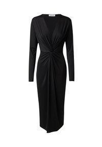 Schwarzes langärmeliges Kleid mit V-Ausschnitt, Drehdetail an der Taille und fließender Silhouette aus glattem, elastischem Stoff.
